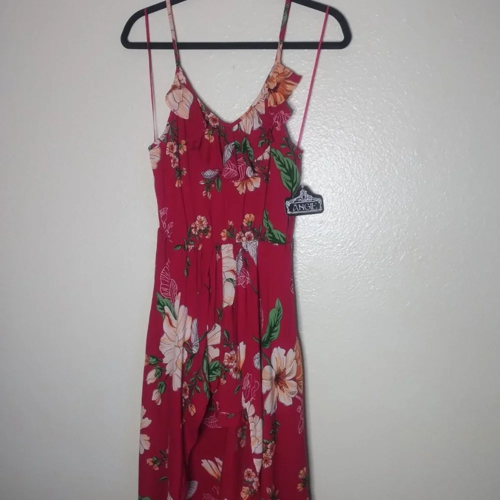 Angie Floral Maxi Dress High Low Ruffle Shorts Red - Picture 2 of 5